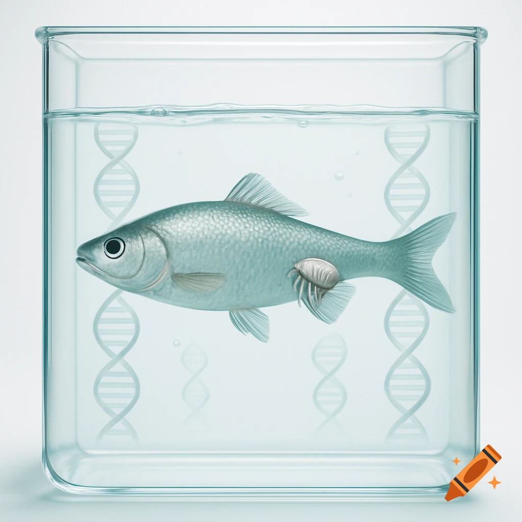 A fish with a parasite attached to its side, swimming in a clear glass container with water and faint DNA helix structures, rendered in a scientific style.