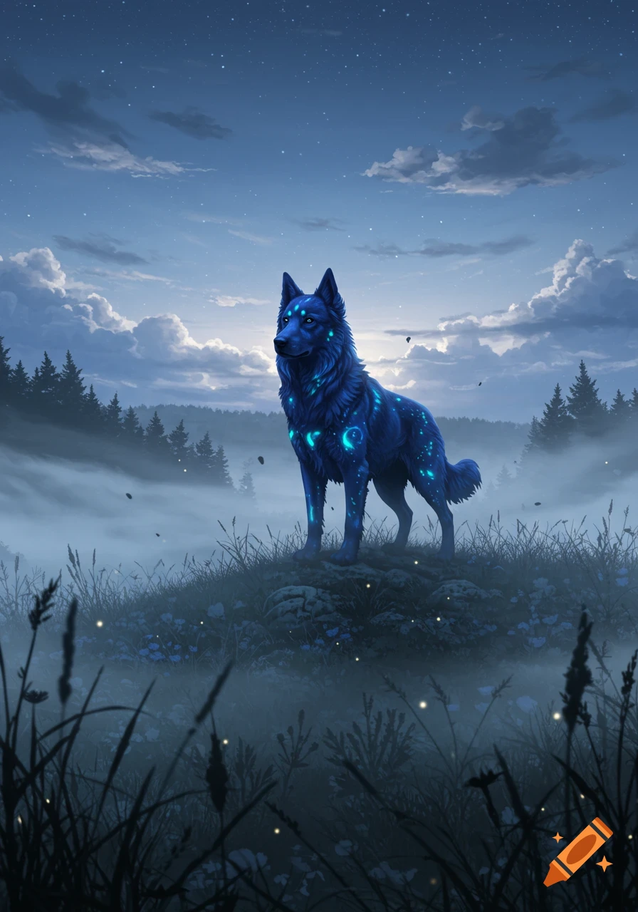 A glowing blue wolf with celestial markings stands on a misty hill in a dark forest under a starry night sky, fantasy art.