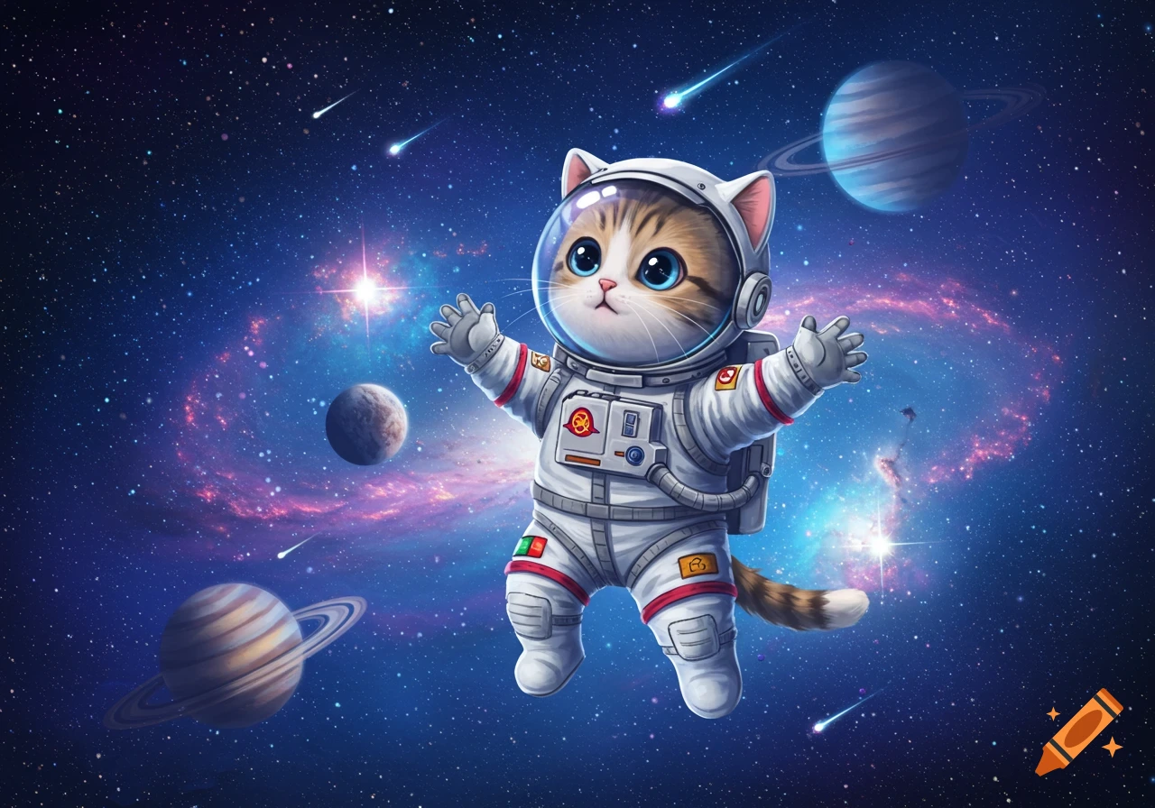 A cute cartoon cat astronaut with blue eyes floats in a vibrant, star-filled galaxy with planets and meteors.