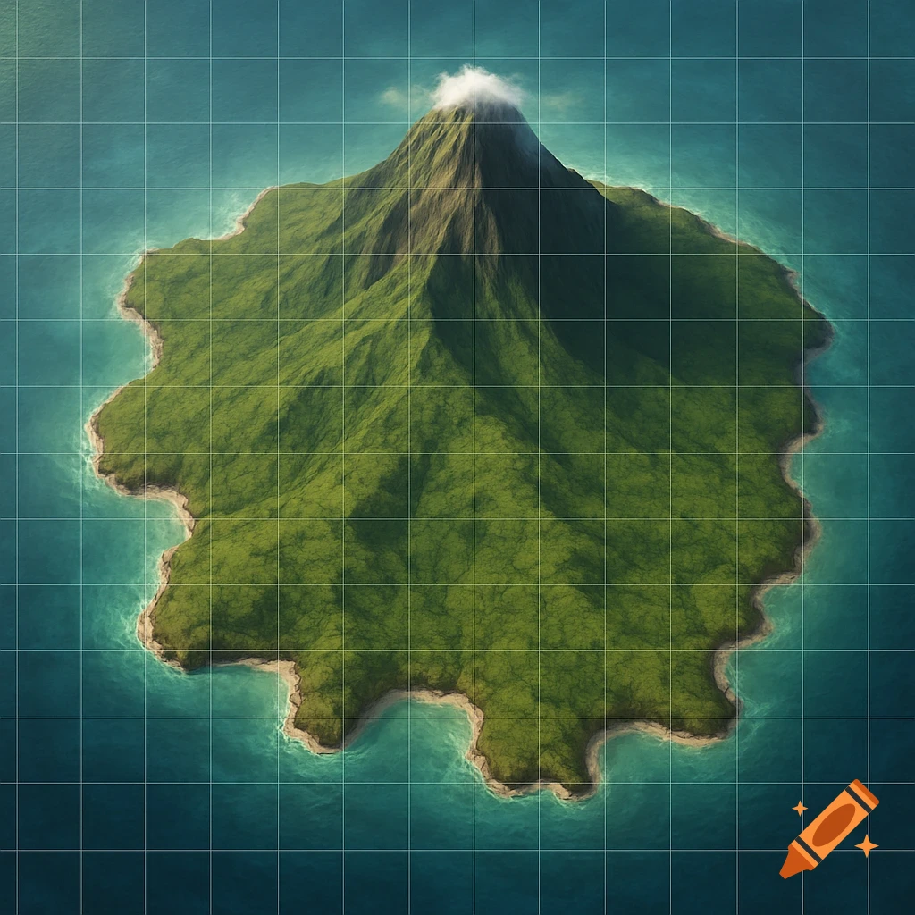 Top-down view of a lush green island with a central mountain, surrounded by blue water, overlaid with a light blue grid.