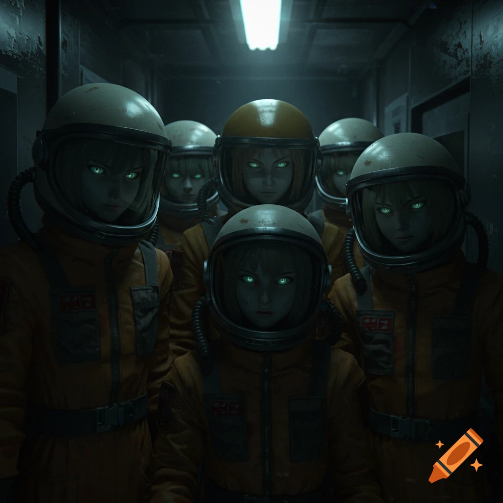 Anime teenagers in orange spacesuits with glowing green eyes stare menacingly in a dark corridor.