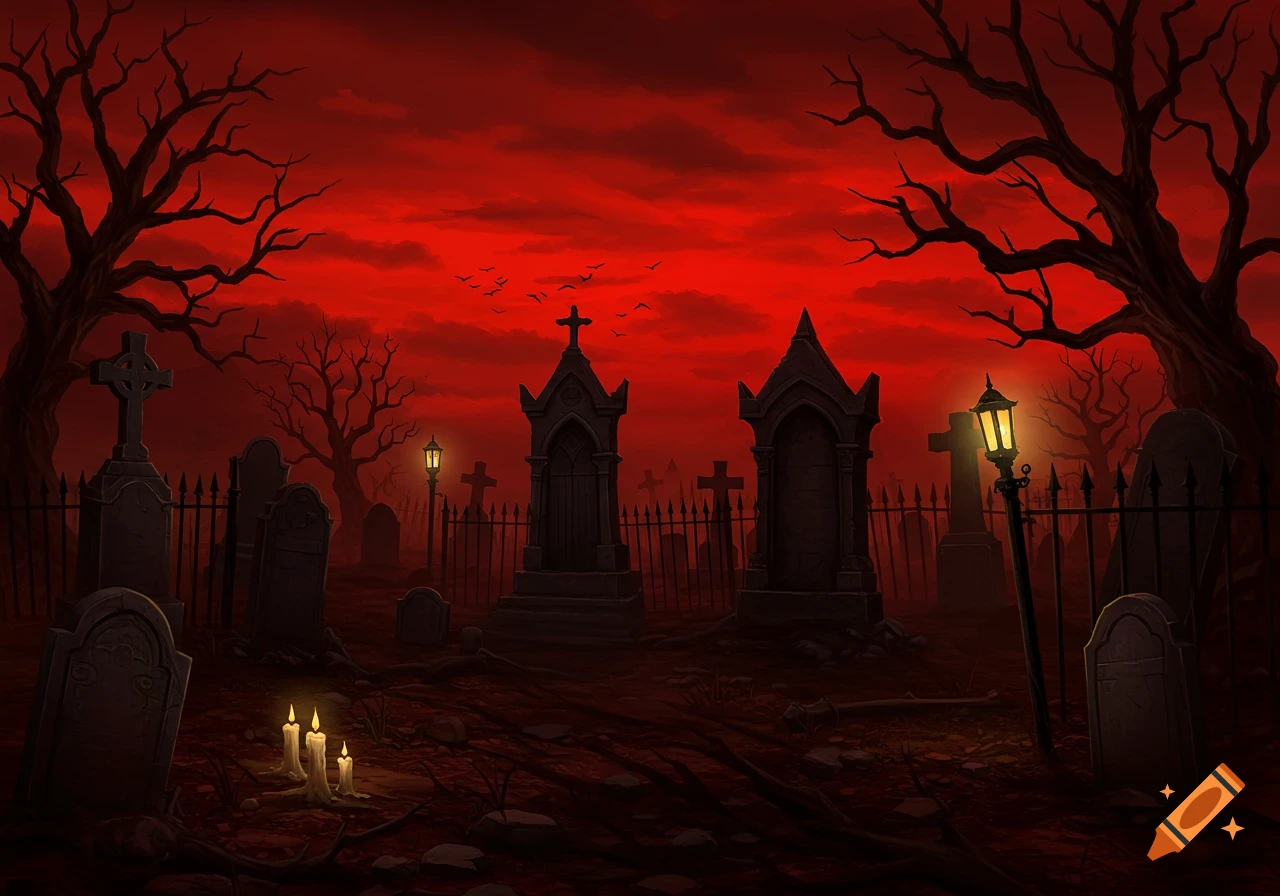 A creepy gothic graveyard under a blood-red sky with bare trees, tombstones, crypts, and lit candles.