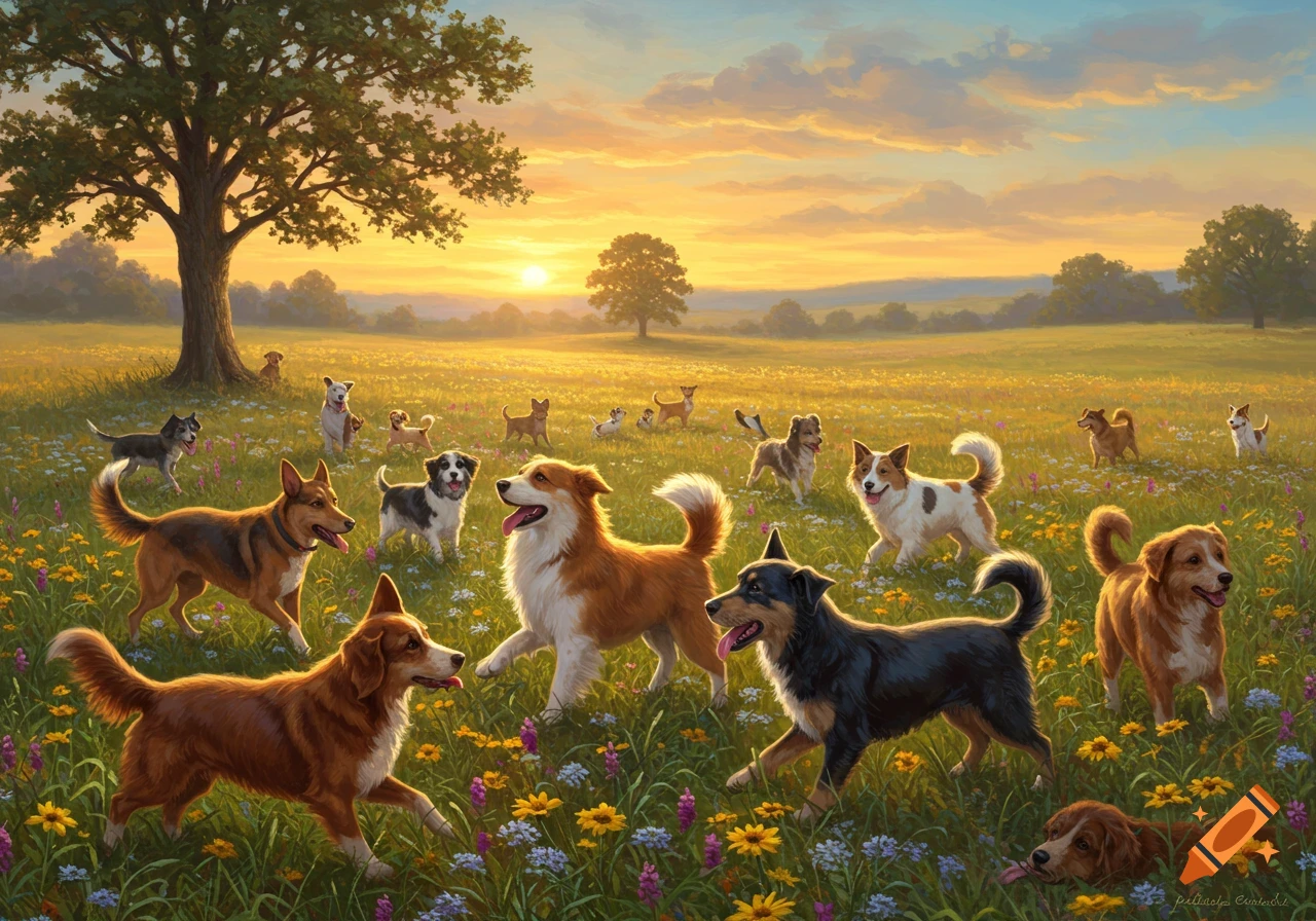 Many dogs run through a vibrant, flower-filled field at sunset, with a large tree on the left. The scene has a painterly style.