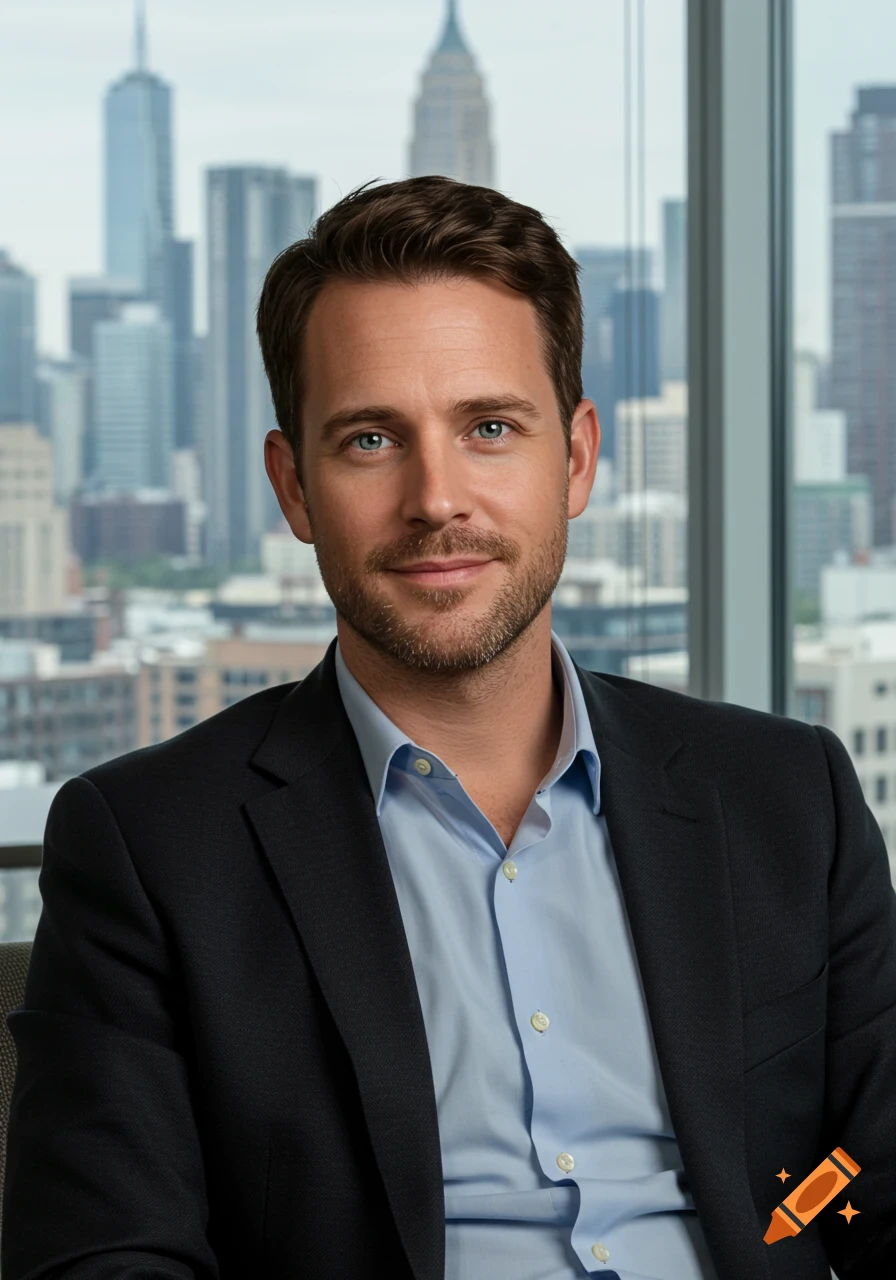 Photorealistic portrait of a confident man in a blue shirt and dark blazer, smiling in a modern office with a city skyline view.