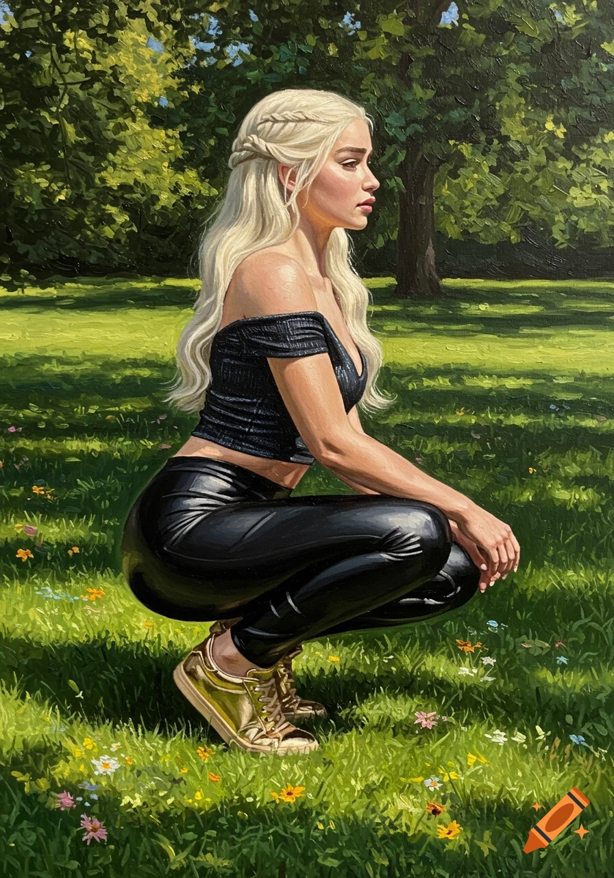 Oil painting of a blonde woman in black leather leggings and a crop top, squatting in a sunny park with wildflowers.
