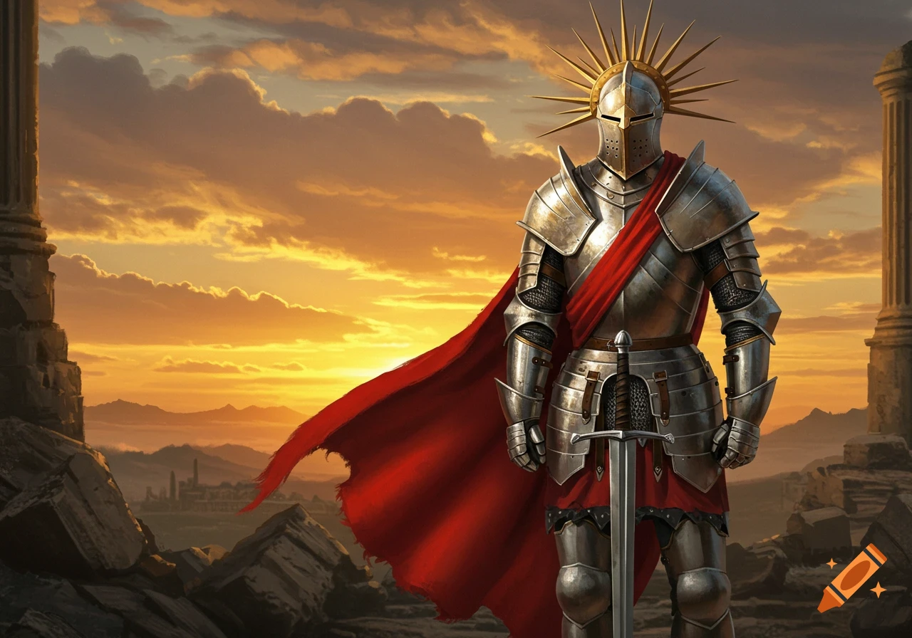 Silver-armored knight with a red cape and sun-helmet stands among ruins at sunset in a detailed digital painting.