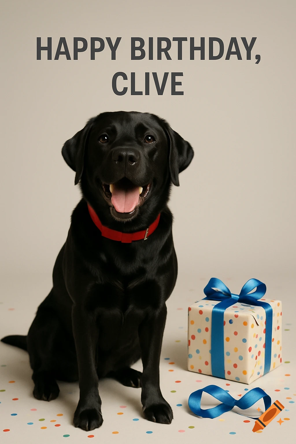 Black Labrador wearing a red collar sits by a polka-dotted birthday gift with a blue bow. Text reads 'HAPPY BIRTHDAY, CLIVE'.