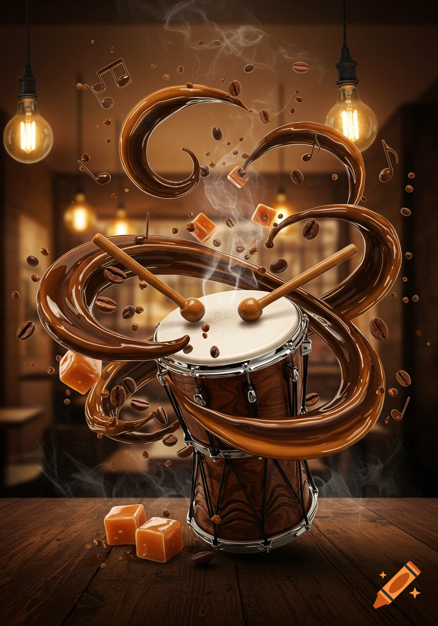 Wooden drum with drumsticks surrounded by swirling caramel, coffee beans, caramel cubes, and musical notes, with blurred Edison bulbs in the background.
