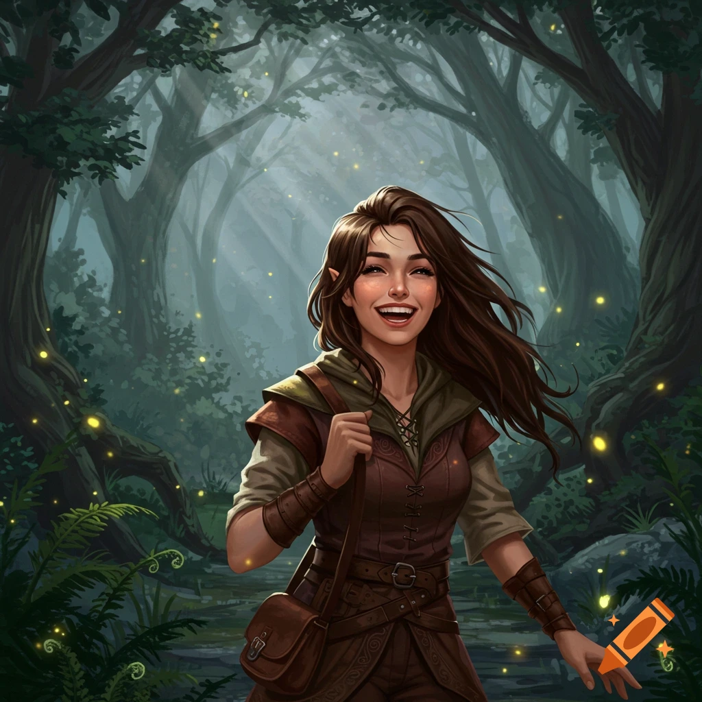 Smiling young elf woman with long brown hair walking through a magical, sunlit forest with glowing particles, digital painting.