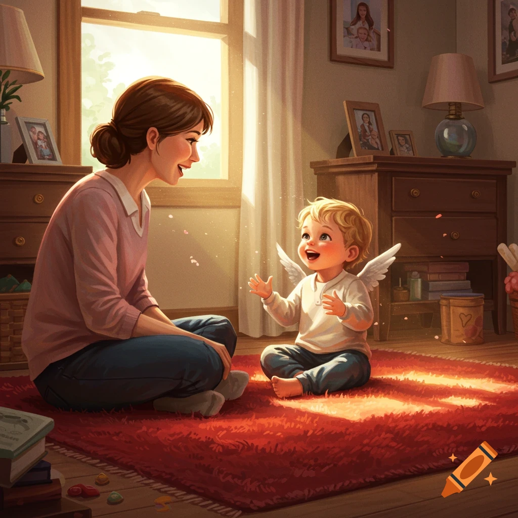 An illustrated scene of a mother playing with her child dressed as an angel on a red rug in a sunlit room.