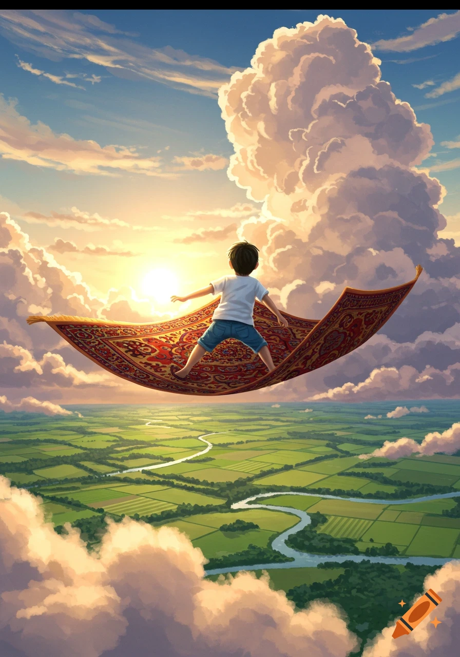 A boy flies on a red magic carpet high above a green landscape with a winding river, under a bright sun and fluffy clouds.