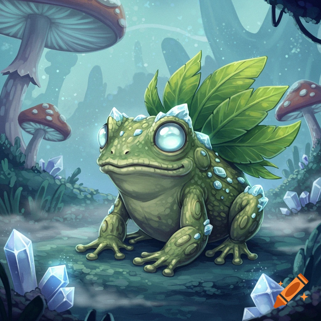 A green, frog-like fantasy creature with large glowing eyes, crystals, and leaves on its back, in a mystical forest with mushrooms and blue crystals. Stylized illustration.