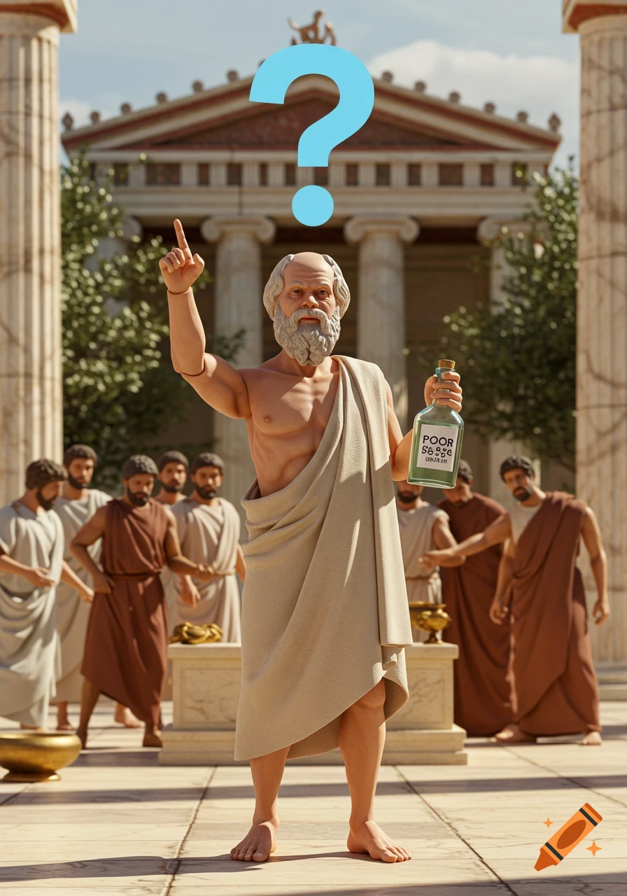 Socrates action figure in a toga points up, holding a bottle with gibberish text, a question mark above his head, in an ancient Greek setting.