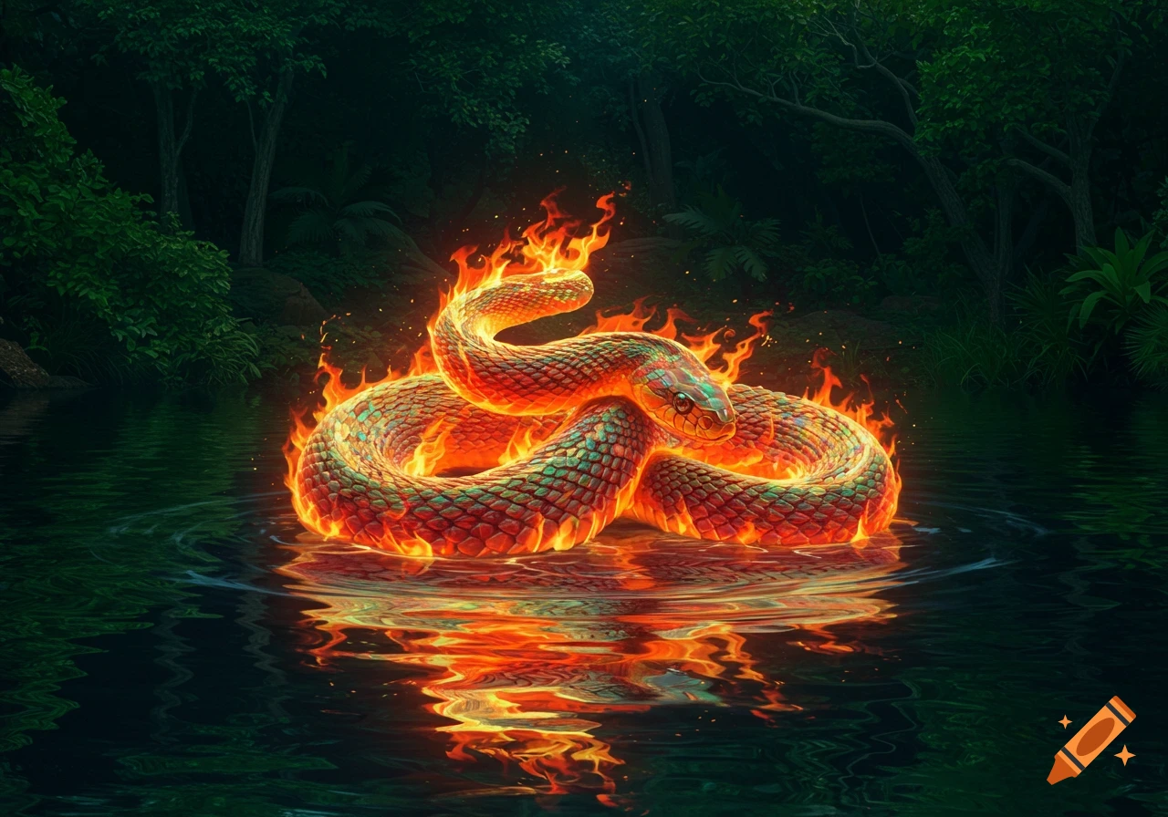 A vibrant, glowing snake with fiery scales is coiled in dark water, reflecting its light, surrounded by a lush green jungle.