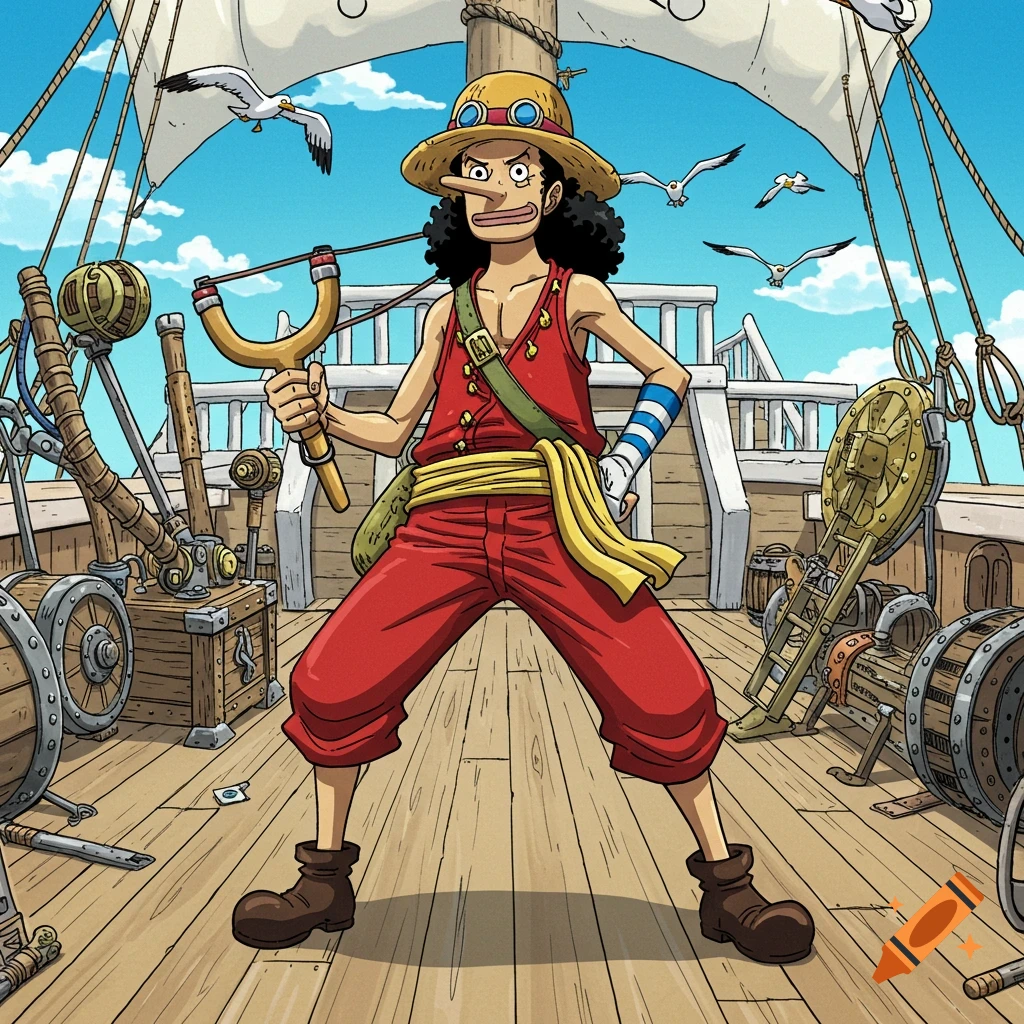 Usopp from One Piece stands on a ship deck holding a slingshot in a vibrant cartoon style, with seagulls flying above.