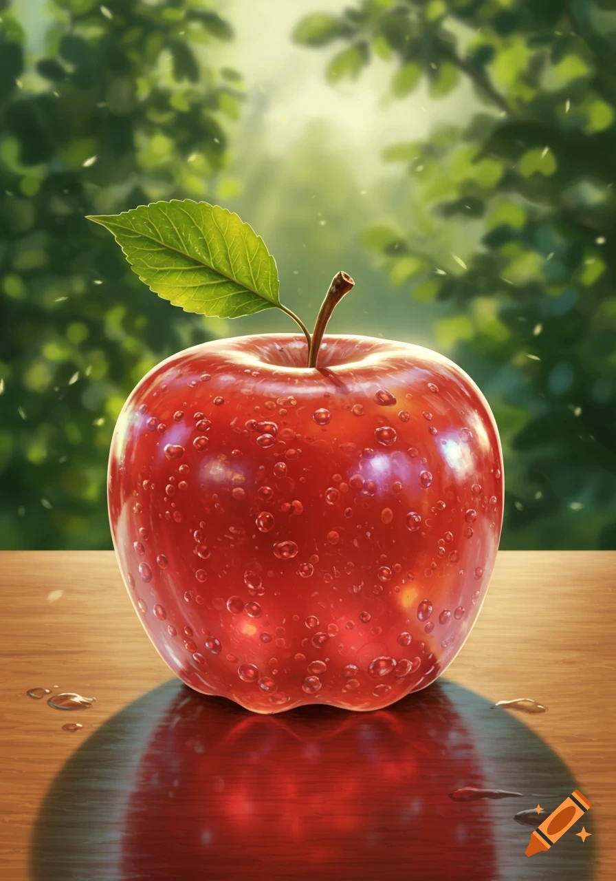 A glistening red apple with a green leaf and stem sits on a wooden table, with a blurry green foliage background.