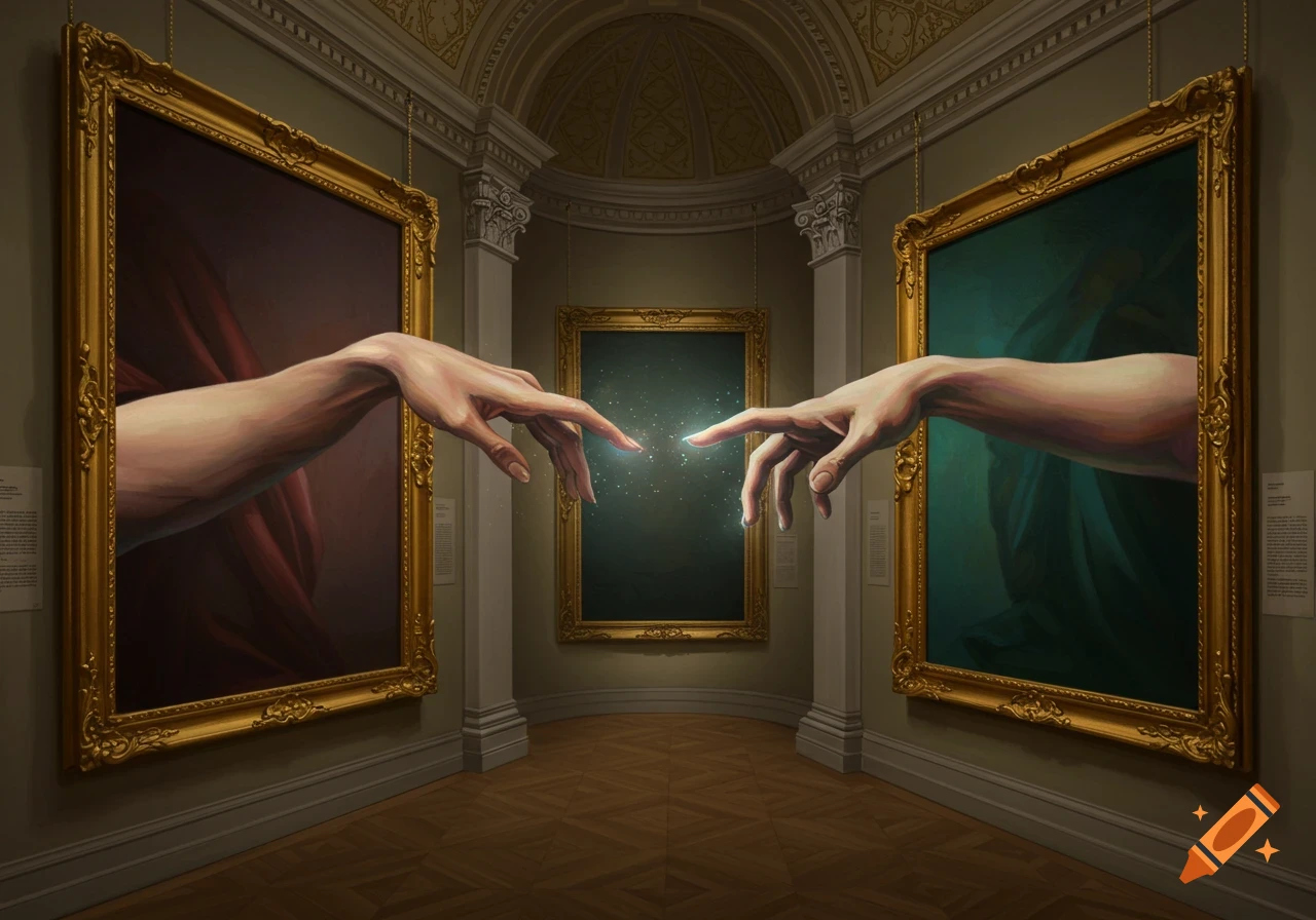 Two hands reach out from large framed paintings in a museum, their fingertips touching with a magical spark.