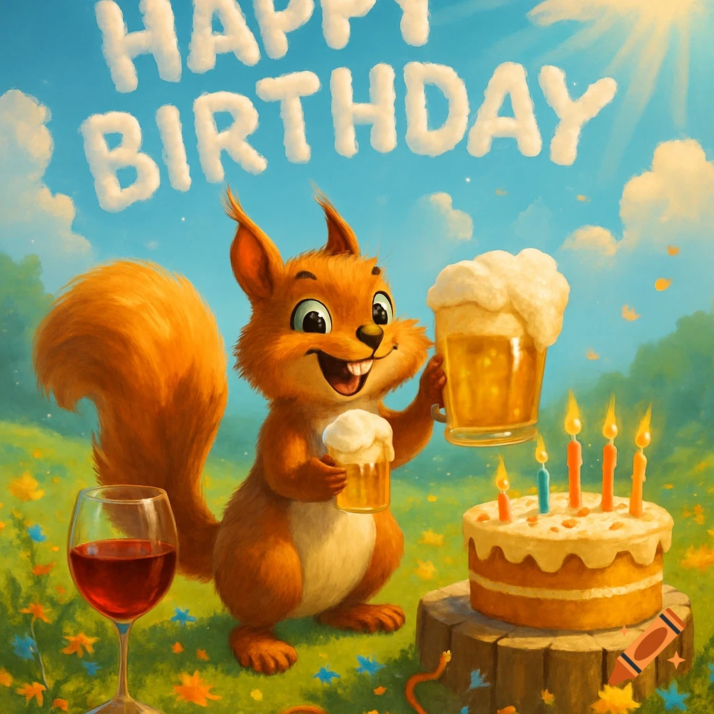A happy cartoon squirrel celebrates with a birthday cake, drinks, and 'HAPPY BIRTHDAY' in cloud letters.