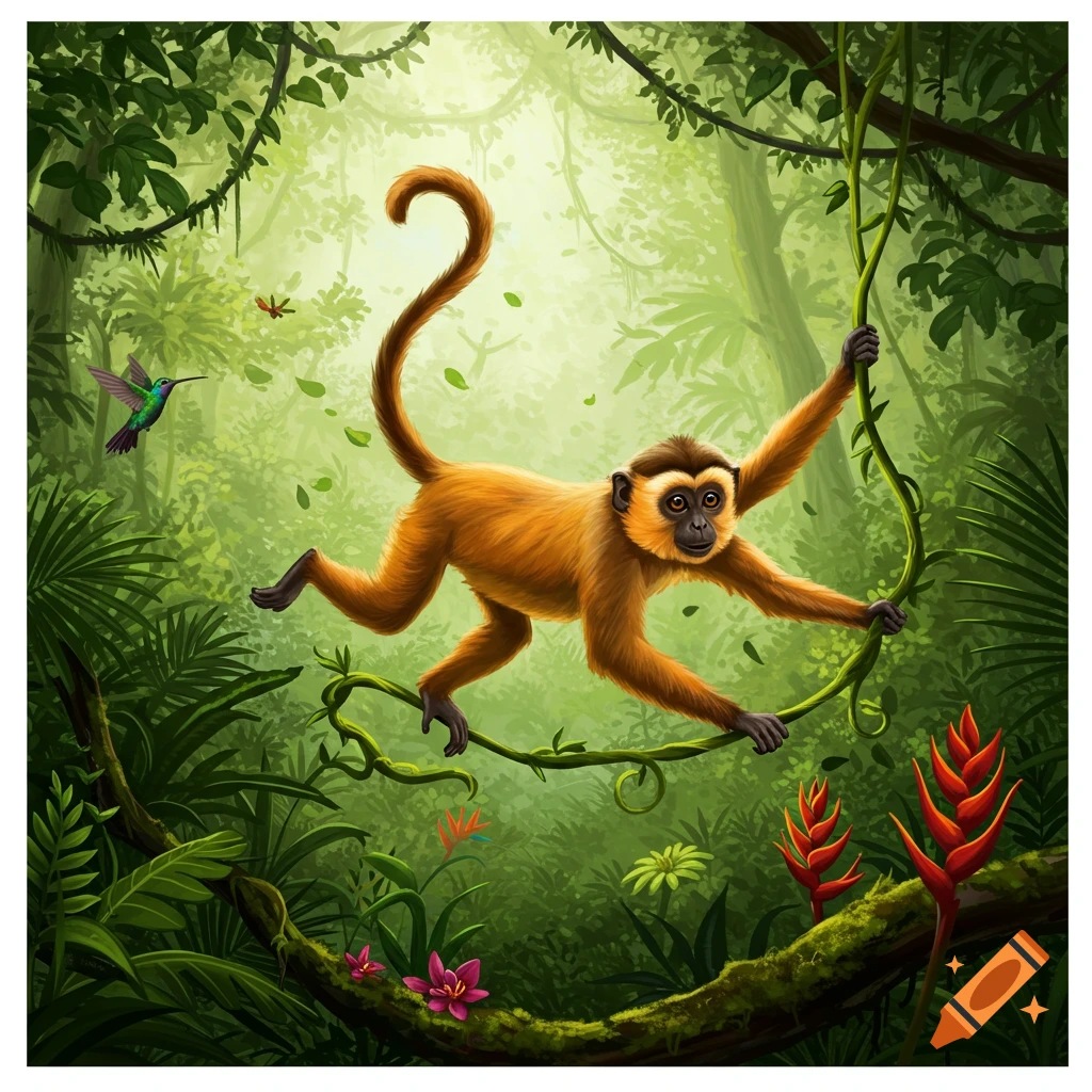 An illustrated monkey with orange fur swings on a vine in a lush green jungle, with a hummingbird nearby.