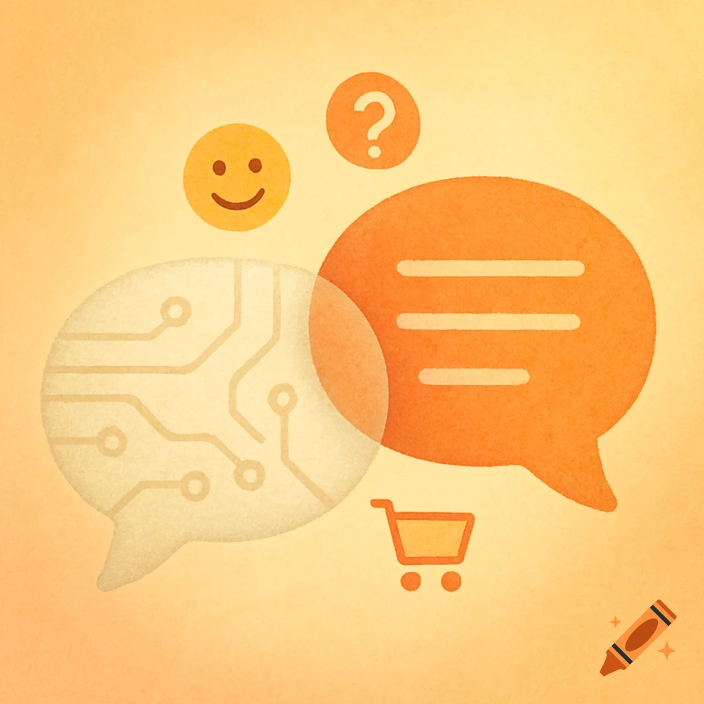 Abstract illustration of two overlapping speech bubbles, one with a circuit pattern, the other orange, with a smiley, question mark, and shopping cart on a warm gradient background.