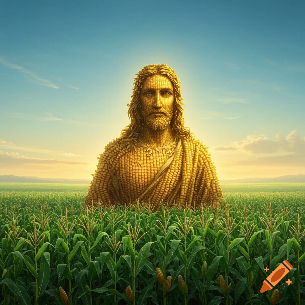A large, photorealistic figure of Jesus made entirely of corn cobs stands tall in a vast green cornfield under a bright blue sky.