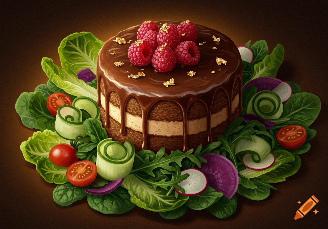 A chocolate cake topped with raspberries and gold flakes, surrounded by fresh salad greens, tomatoes, cucumbers, and radishes in an illustrative style.