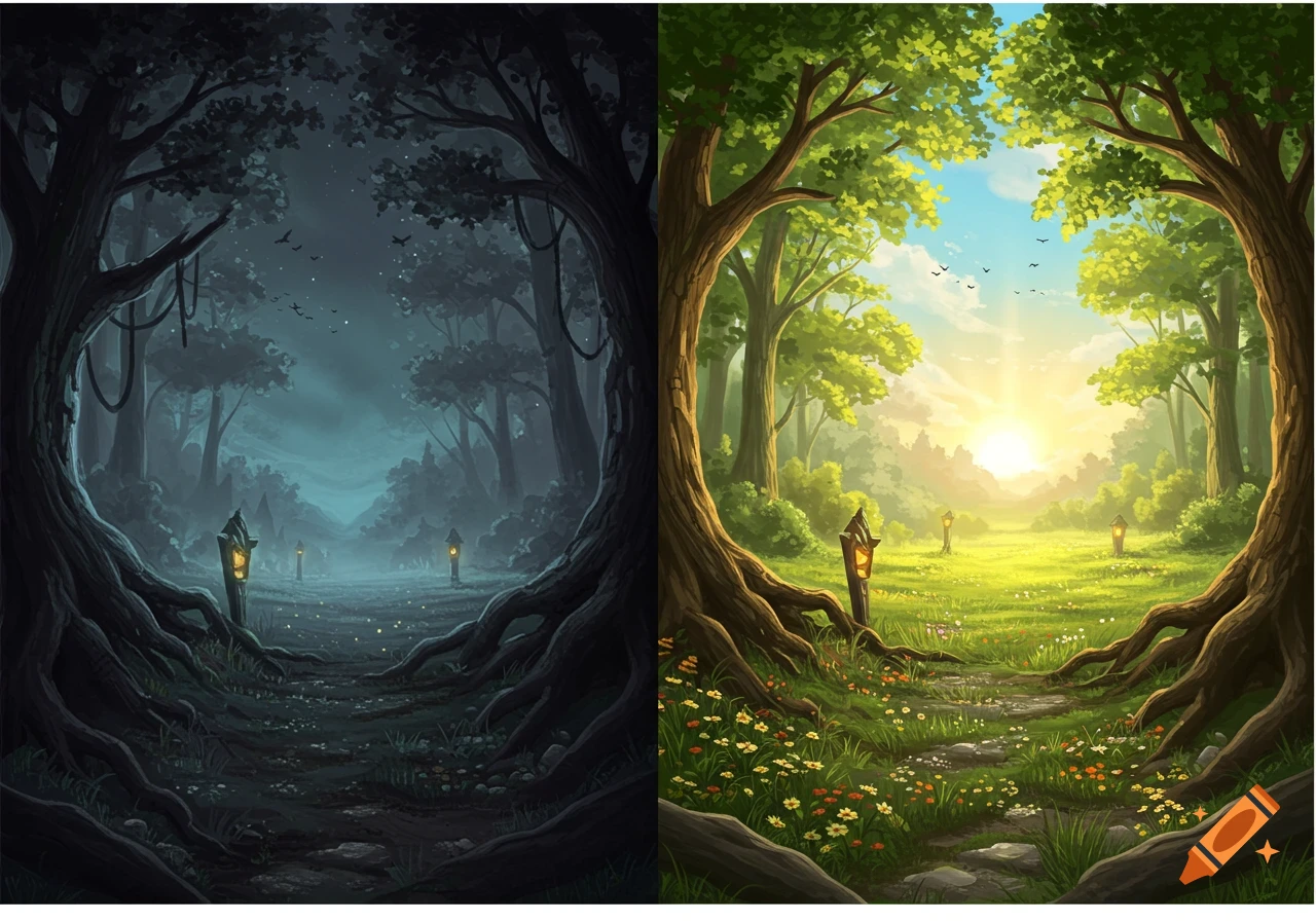 Fantasy forest path split image. Left: dark, eerie night with glowing lanterns. Right: bright, beautiful sunny day.