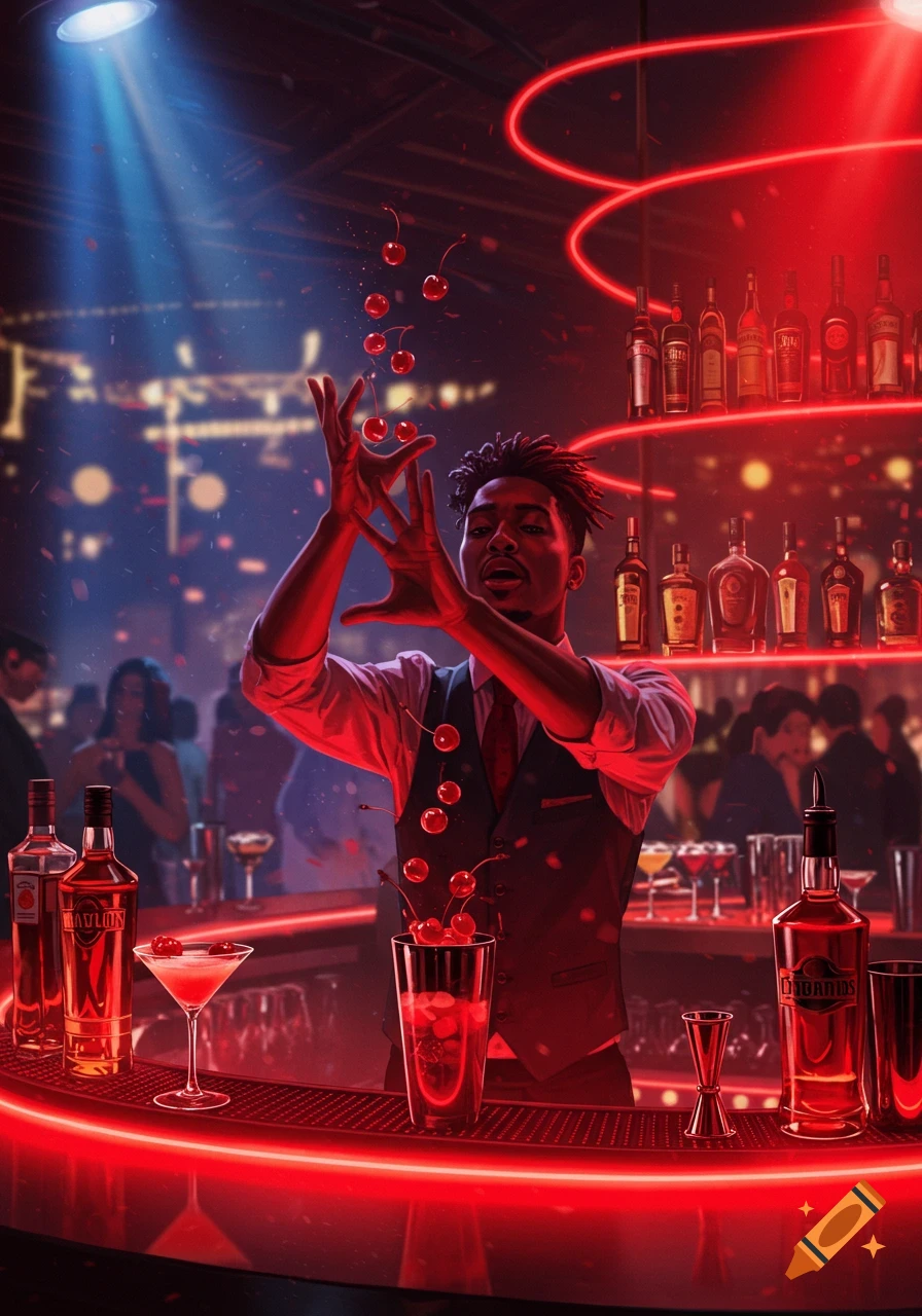 A stylized illustration of a bartender juggling red cherries over a cocktail at a vibrant, neon-lit bar.