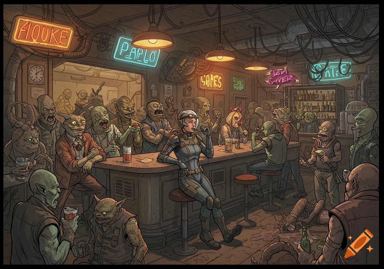 A crowded, chaotic sci-fi dive bar in a crisp comic style, with a human rogue drinking amidst bizarre aliens and neon signs.