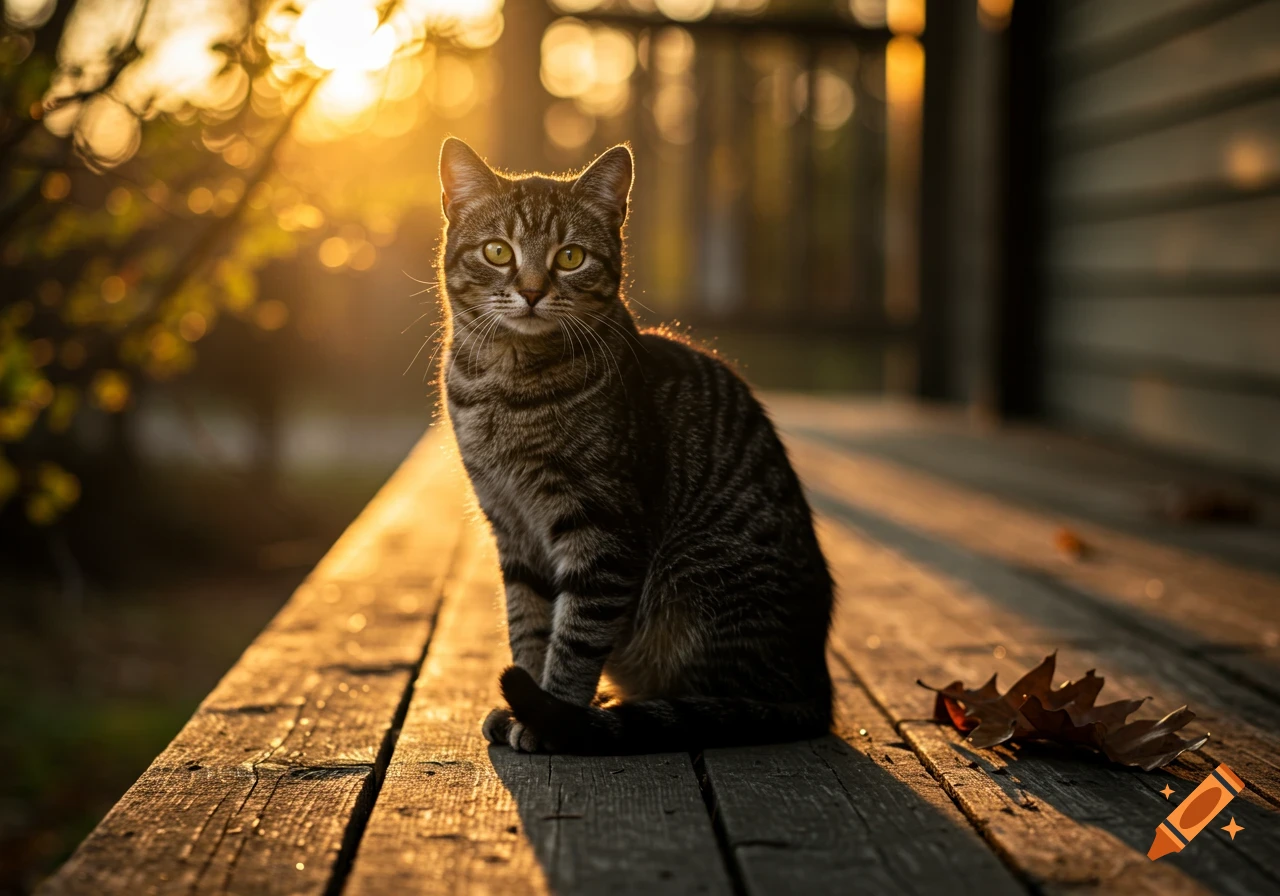 A tabby cat sits on a wooden deck, backlit by a golden sunset.
