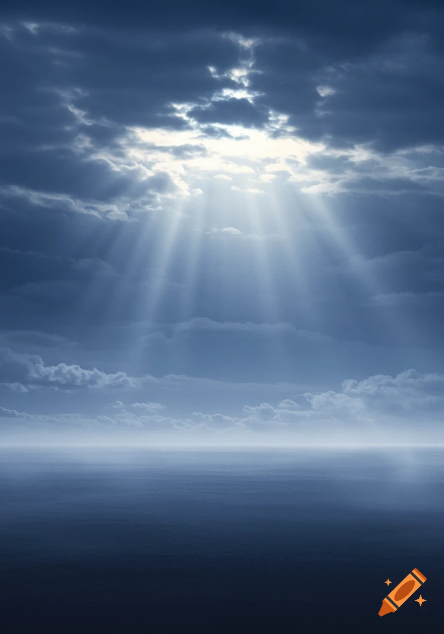 Sunlight streams through dark clouds over a hazy, flat horizon, with light rays piercing through to the water.
