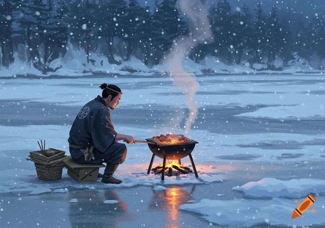 A Japanese man in a winter landscape grilling food on a barbecue on an icy river.