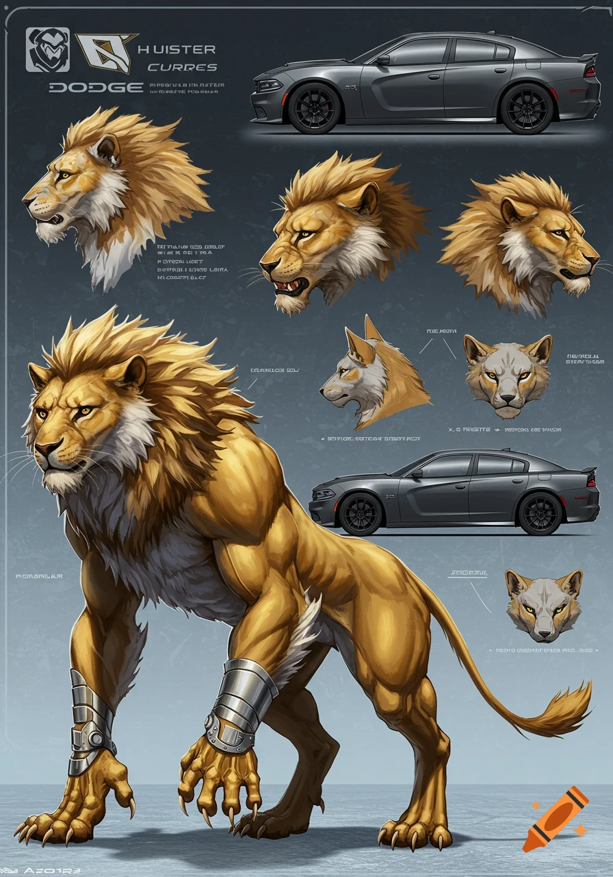 A detailed reference sheet features a muscular anthropomorphic lion-wolf hybrid creature with silver armbands, alongside a grey Dodge Charger.