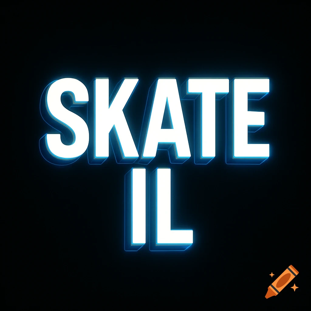 Glowing white and blue neon text 'SKATE IL' on a black background.