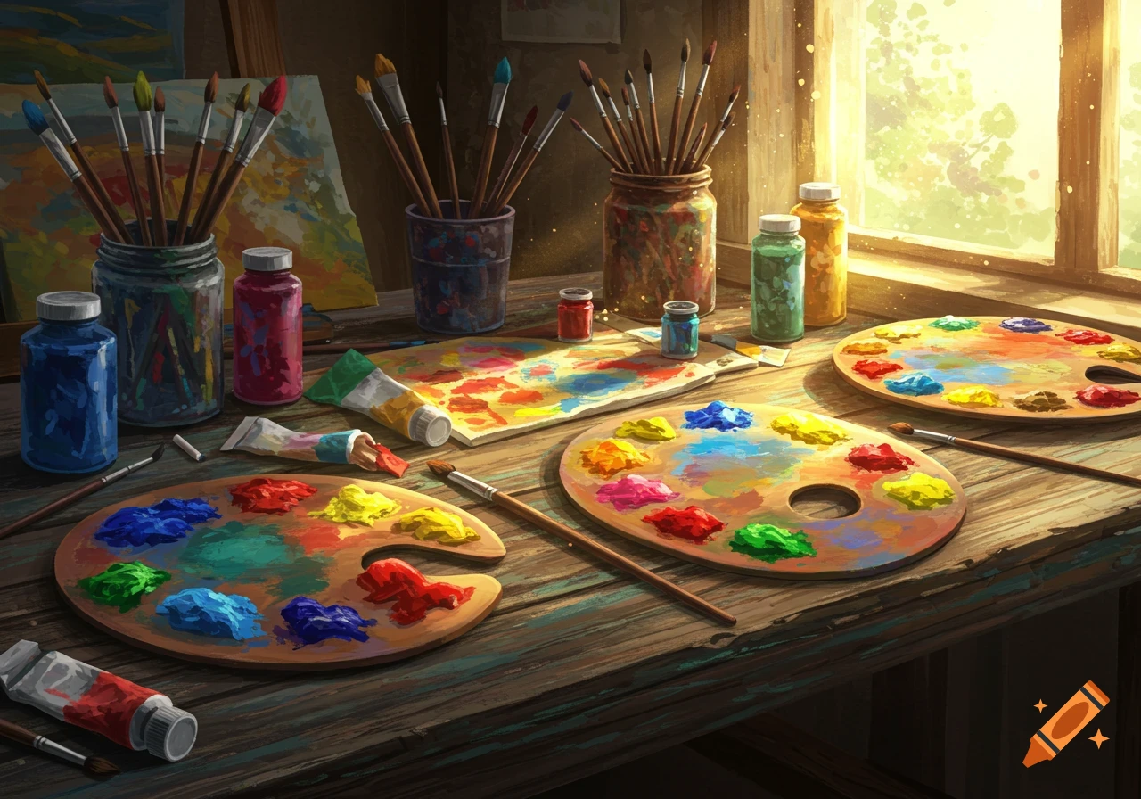 A vibrant artist's studio table with multiple paint palettes, brushes, and colorful paint tubes and bottles, illuminated by sunlight from a window.