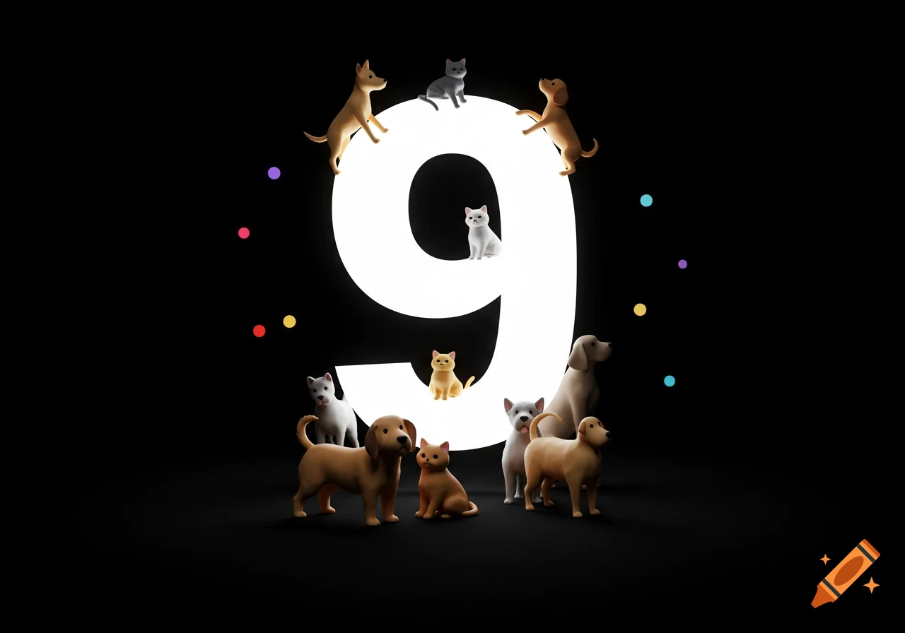 A large white number 9 with various 3D-rendered dogs and cats on a black background.