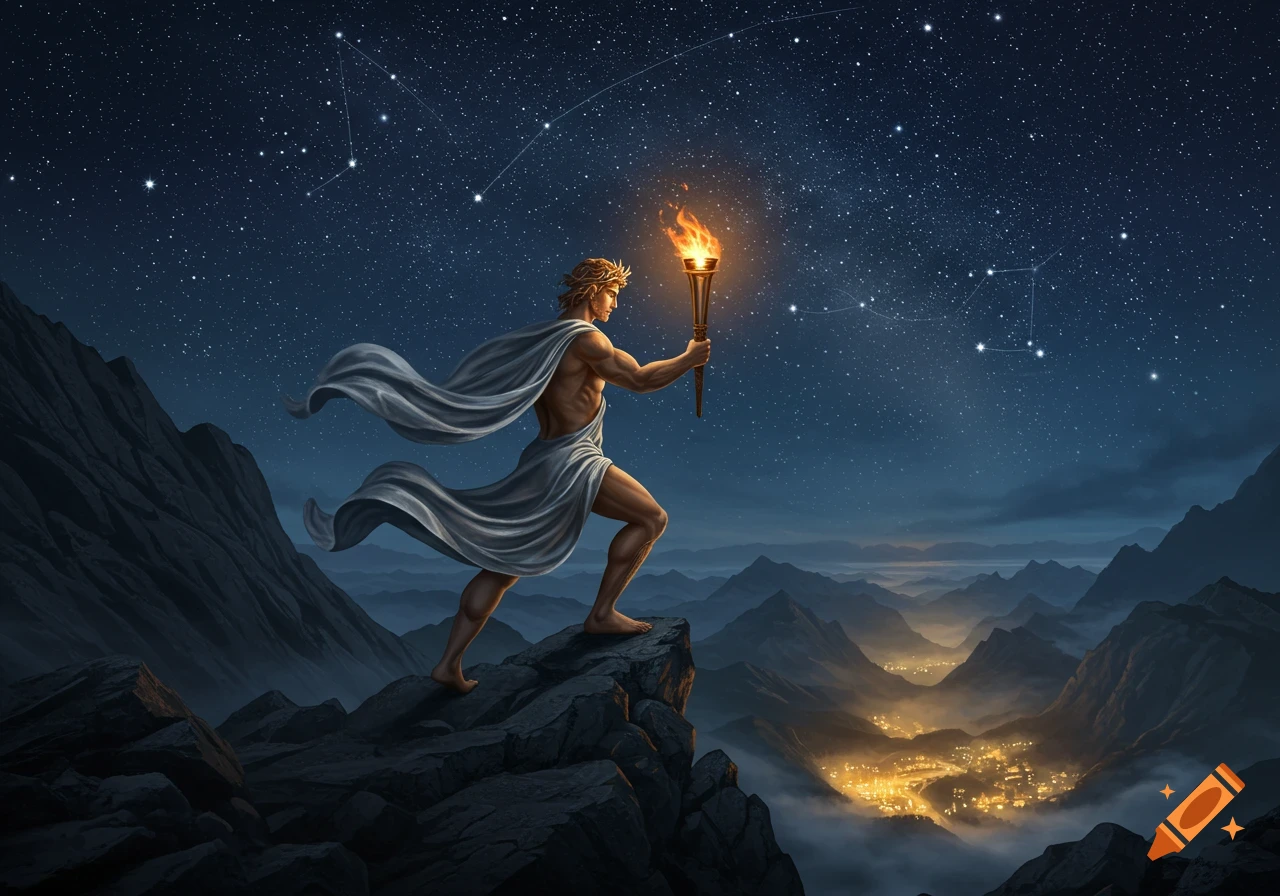 A mythological man in a toga holds a torch on a mountain peak, overlooking a glowing city under a starry night.