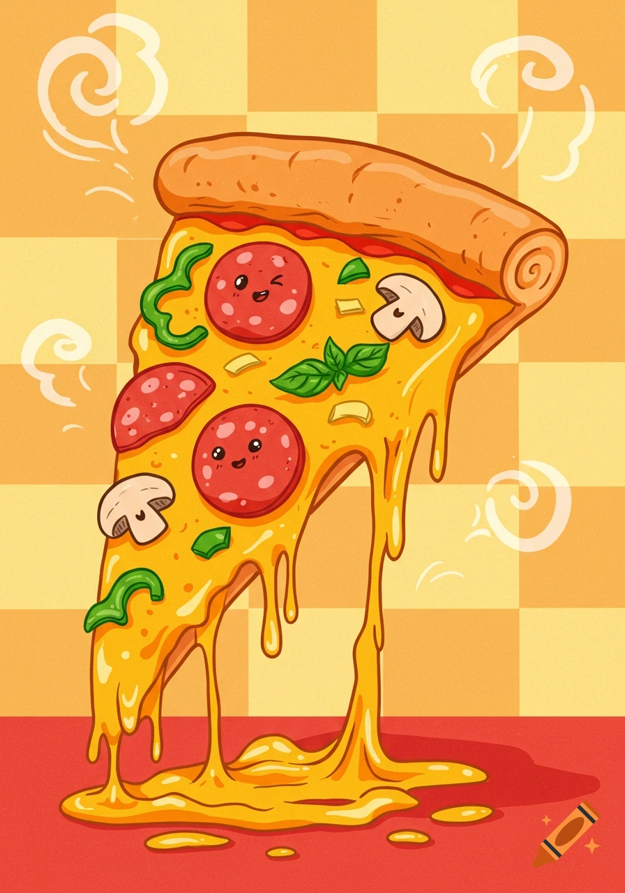 A vibrant cartoon slice of pizza with melting cheese, pepperoni, mushrooms, and green peppers, against an orange checkered background.