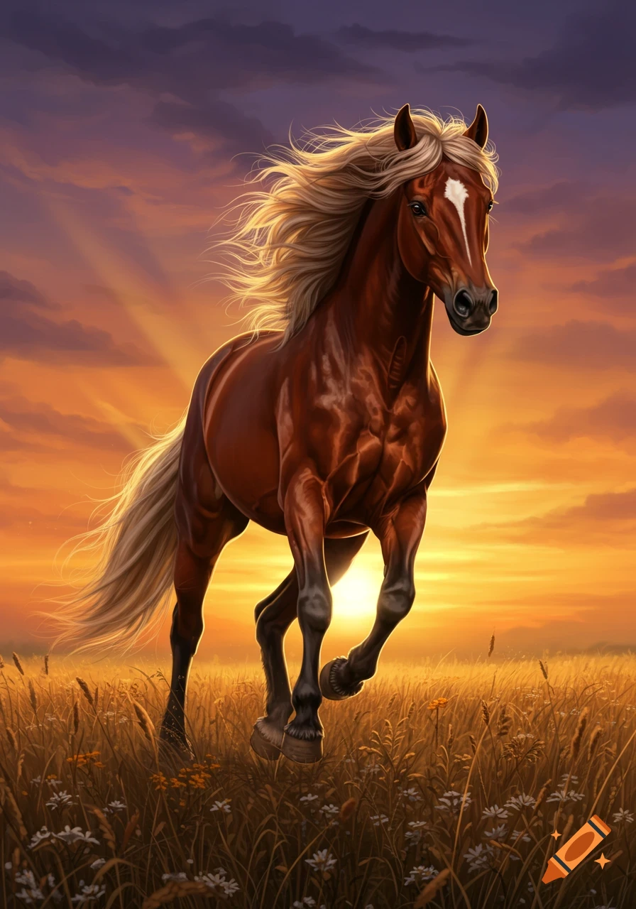 Illustrative depiction of a brown horse with a flowing blonde mane galloping through a field of tall grass during a vibrant sunset.