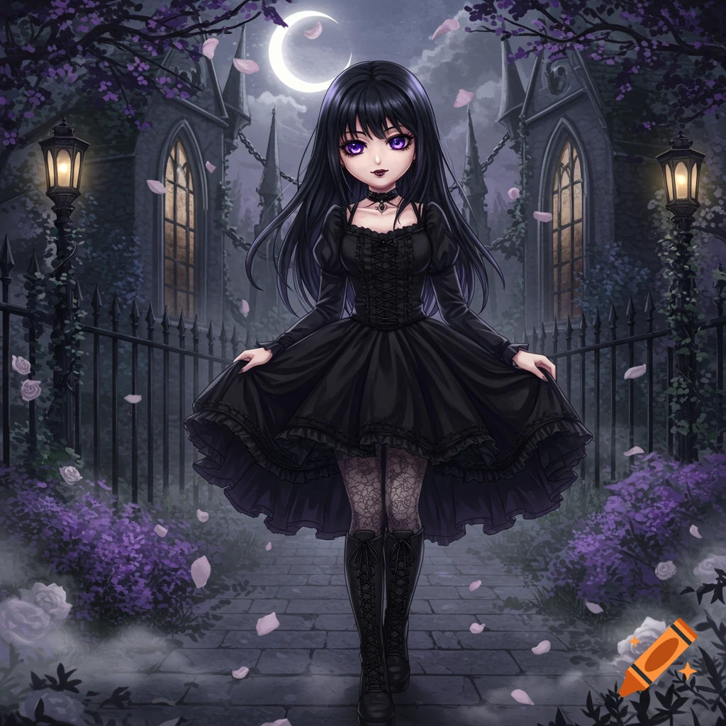 A cute goth anime girl with black hair and purple eyes in a black dress stands in a moonlit gothic garden with a church and purple flowers.