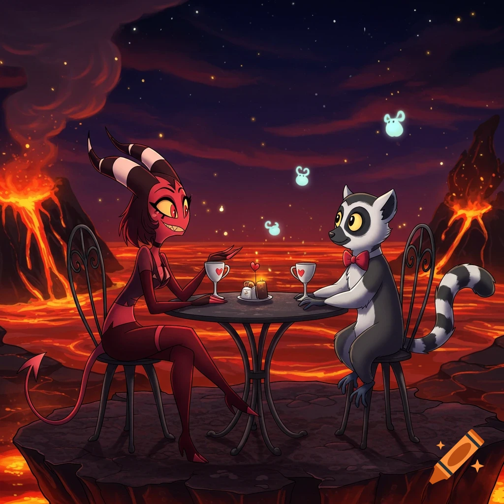 Beelzebub and Zoboomafoo the lemur on a date at a small table amidst a volcanic, lava-filled landscape, cartoon style.