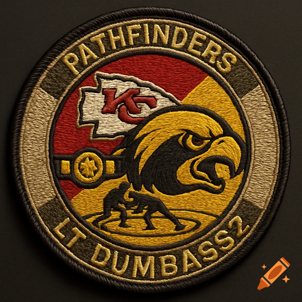 Circular embroidered military-style patch with a hawk head, two wrestlers, and text 'PATHFINDERS' and 'LT DUMBASS2' in red, gold, black.