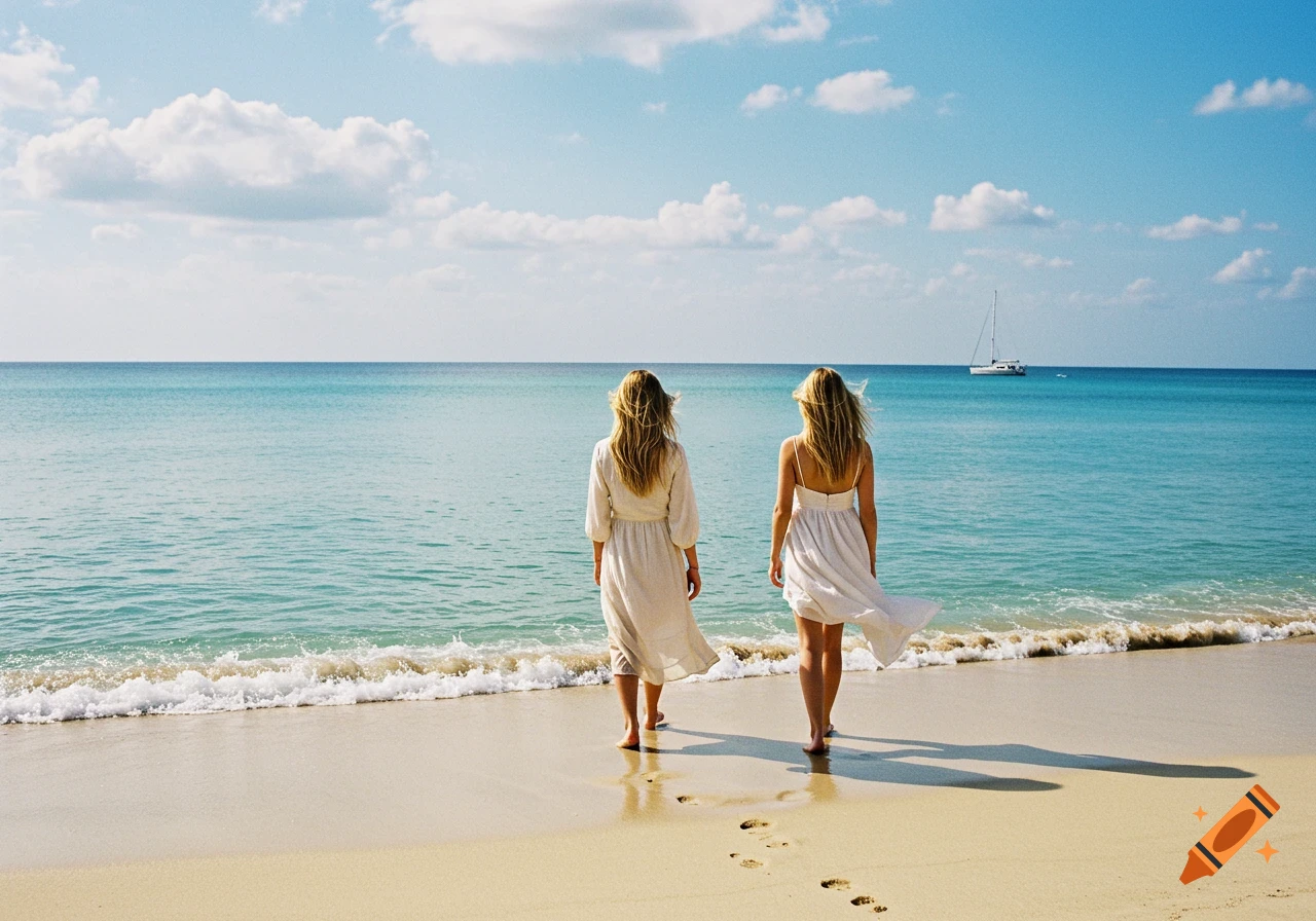 Two blond women in white dresses walk on a sandy beach towards the blue ocean, a sailboat visible in the distance.