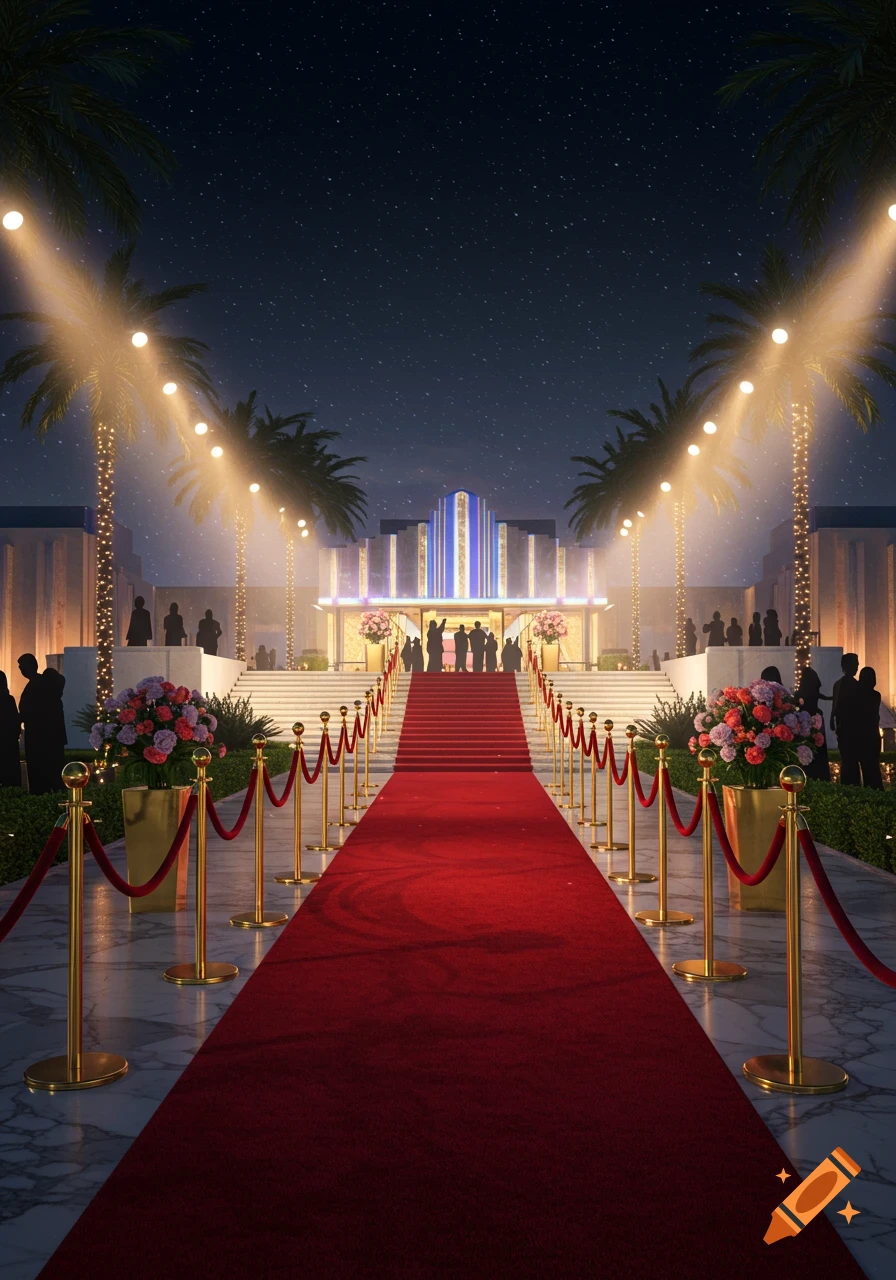 A grand red carpet leads to a brightly lit building at night, lined with golden stanchions, palm trees, and flowers.
