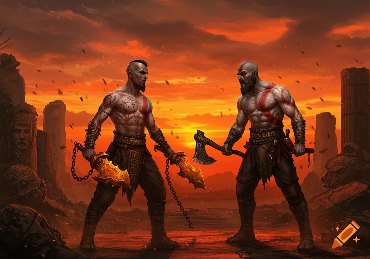 Two versions of Kratos, one young with chained blades and one older with an axe, confront each other in a fiery, ruin-filled landscape.