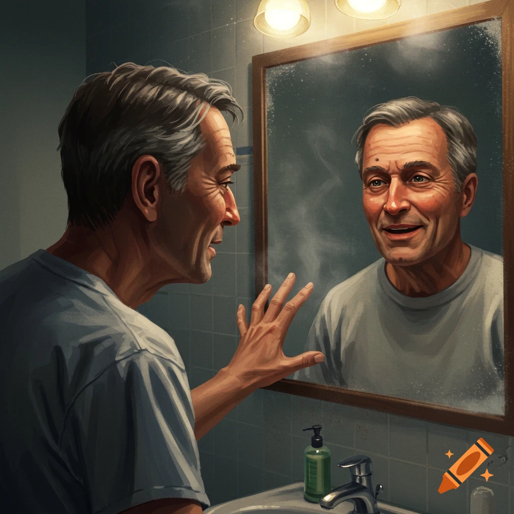 Digital illustration of a man in a bathroom looking at his happy reflection in a steamy mirror, touching the glass.