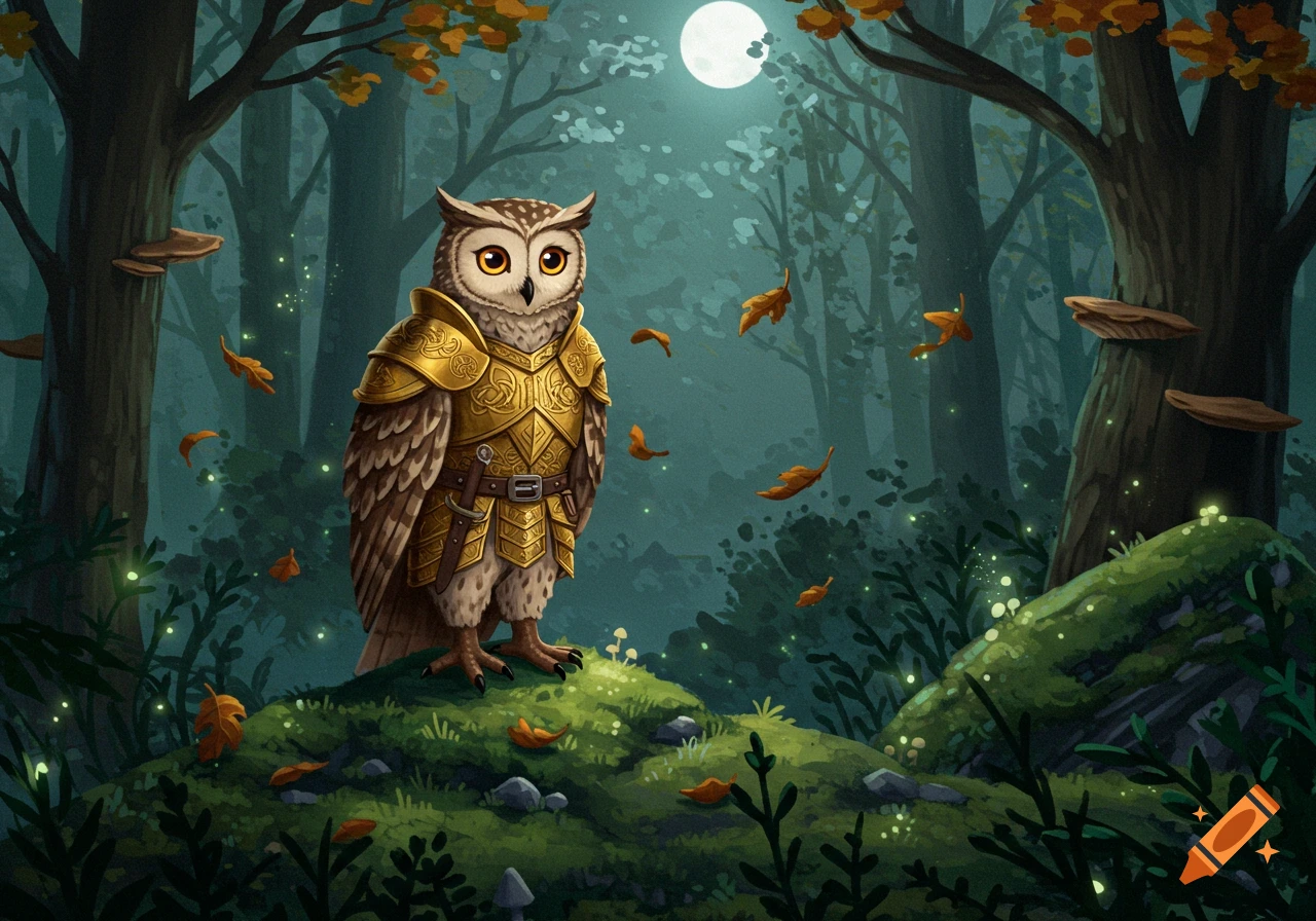 An armored owl with a small sword stands on a mossy hill in a dark, moonlit forest with glowing fireflies and falling leaves.