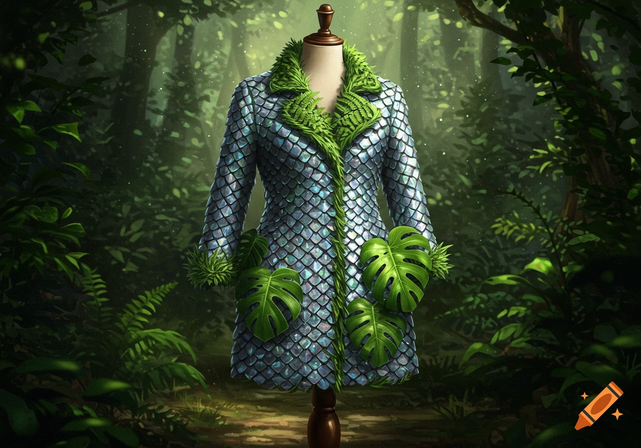 A shimmering, iridescent scale coat with a collar, lapels, and pockets made of green leaves, displayed on a mannequin in a lush forest.