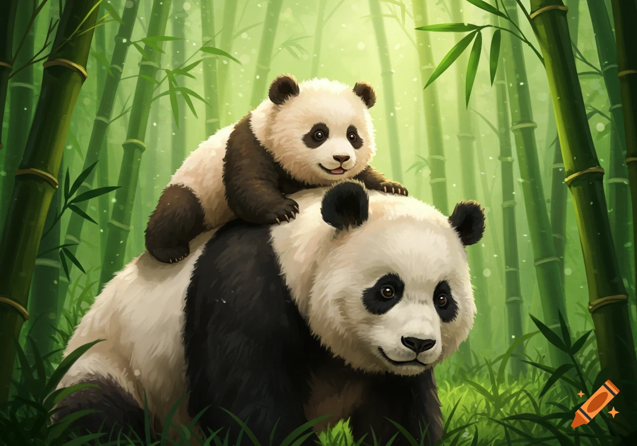 A cute baby panda rides on its mom's back in a lush bamboo forest, rendered in an illustrative style.