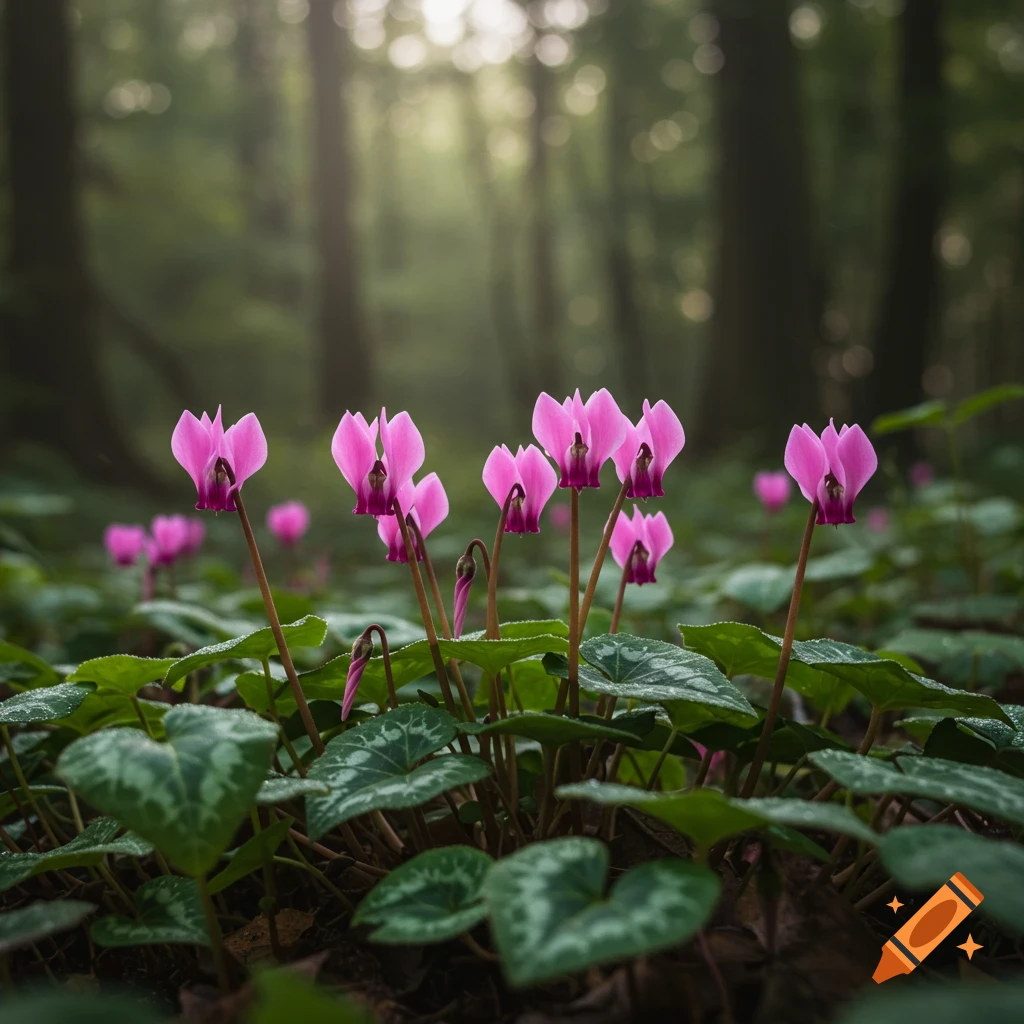 Pink cyclamen flowers bloom in a misty forest with dappled sunlight, photorealistic.
